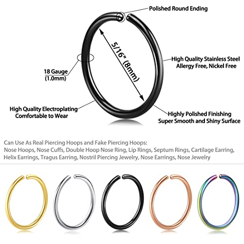 1-16Pcs 16G 18G 20G 22G Nose Rings Hoops Nose Piercings Fake Nose Ring Fake Septum Nose Ring Fake Lip Rings Fake Septum Piercing Fake Nose Piercing Fake Nose Hoop Faux Nose Rings Clip On Nose Cuffs Nose Piercing Jewelry Nose Rings for Women Men Nose Hoops