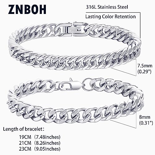 2Pcs Stainless Steel Bracelets for Men 14K Gold Plated Cuban Link Figaro Rope Silver Chain Bracelet Set Curb Width Sturdy Bracelet 7.5/8.3/9 Inches Jewelry Gifts for Dad Husband - color: A:Silver-Cuban Link, size: Display Length: 8.3 Inches