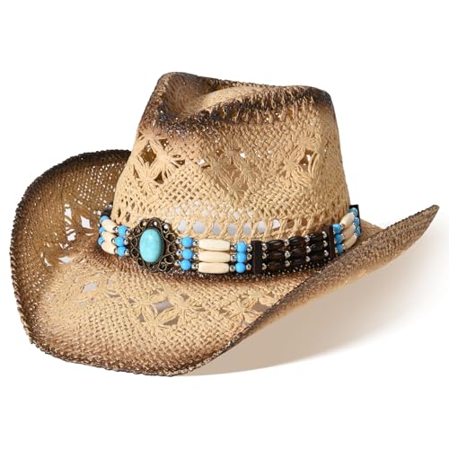 Straw Cowboy Hat for Men Womens Straw Cowgirl Hat Summer Western Cowboy Hats with Wide Brim for Cowgirls and Cowboys - color: Beige 3#