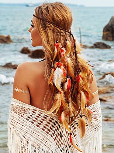 GORTIN Boho Feather Headband Gypsy Costume Headdress Black Bohemian Hippie Headbands Indian Festival Hair Band Adjust Long Feather Headpiece Hair Accessory for Women and Girls (Red+Brown) - color: Red+Brown