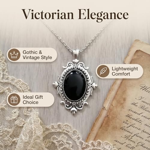 Gothic Vintage Gem Pendant Necklace | Victorian Style Filigree Silver-Tone Jewelry | Ideal Gift for Party Cosplay & Daily Wear - color: Black