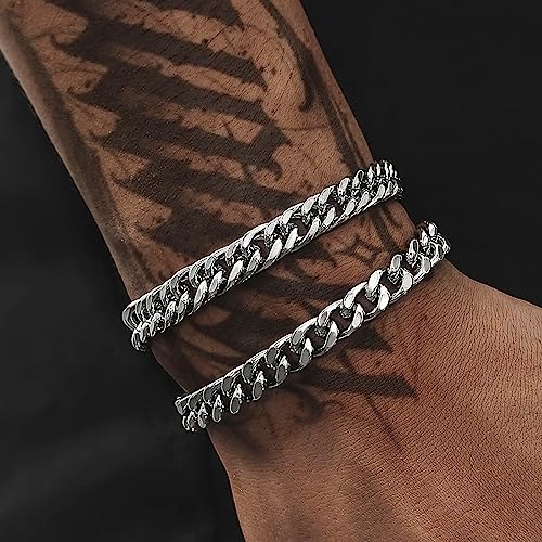 2Pcs Stainless Steel Bracelets for Men 14K Gold Plated Cuban Link Figaro Rope Silver Chain Bracelet Set Curb Width Sturdy Bracelet 7.5/8.3/9 Inches Jewelry Gifts for Dad Husband - color: A:Silver-Cuban Link, size: Display Length: 8.3 Inches