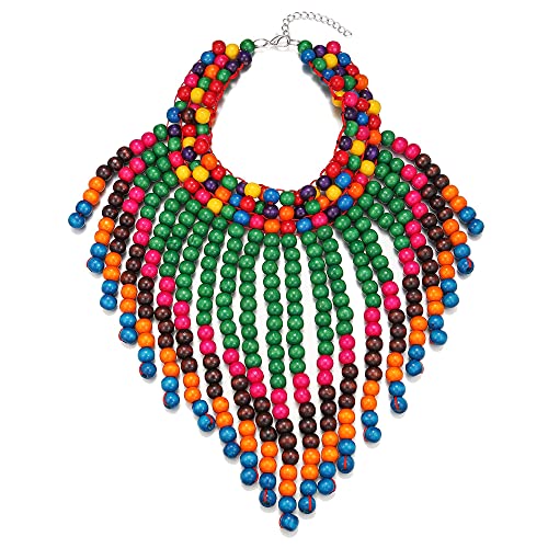 COLORFUL BLING Boho African Wooden Beaded Bib Statement Choker Necklace Long Multi Strand Chunky Layered Collar Tassel Necklace for Women Handmade Jewelry - color: green mix