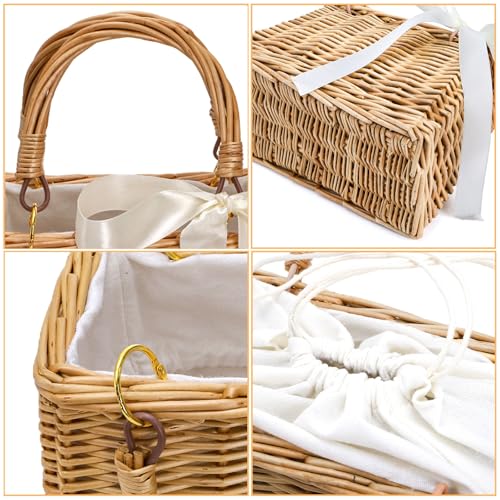Pumtus Handwoven Rattan Handbag, Wicker Rectangle Basket Purse with White Ribbon, Summer Beach Top Handle Clutch, Boho Style Woven Purse, Rustic Flower Basket for Women, Travel, Vacation, Wedding
