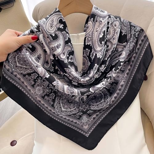 Women's Silky Satin Large Head Scarf Leopard/Paisley Neck Scarves Square Hair Wrapping Sleeping Bandana 35in - color: Black-paisley-s