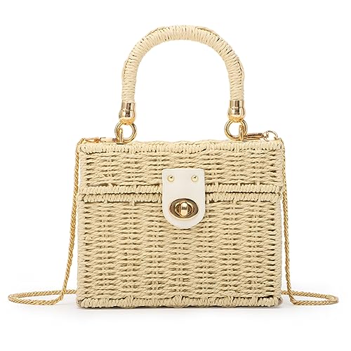 Fecialy Women Handwoven Rattan Handbag Beach Straw Tote Bag Square Boho Crossbody Bag - color: Beige