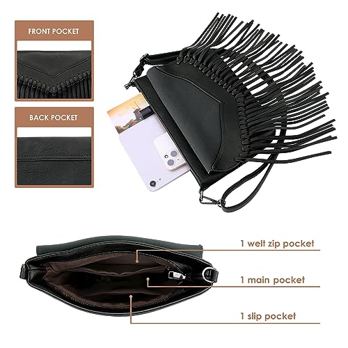 HDE Women's PU Leather Hobo Fringe Crossbody Tassel Purse Vintage Small Flap Envelope Handbag Western Sling Shoulder Bag - color: Black