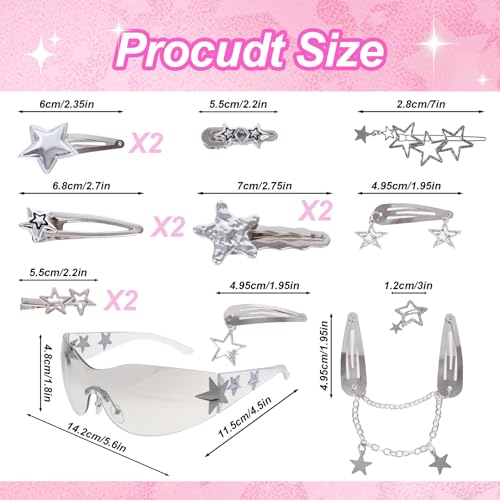 15Pcs Y2k Accessories Set, Silver Star Hair Clips Y2K Sunglasses Vintage Jewelry Set 2000s Hair Accessories for Women Girls
