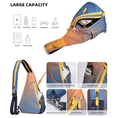 KL928 Canvas Sling Bag - Small Crossbody Backpack Shoulder Casual Daypack Rucksack for Men Women - color: Canvas-orange+darkblue-n