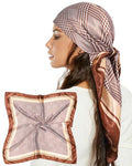 AWAYTR 35” Satin Head Scarf for Women Like Silk Scarf Hair Bandanas Women Large Square Neck Scarf Headscarf Head Wrap - color: Plaid - Brown + Champagne