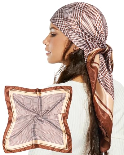 AWAYTR 35” Satin Head Scarf for Women Like Silk Scarf Hair Bandanas Women Large Square Neck Scarf Headscarf Head Wrap - color: Plaid - Brown + Champagne
