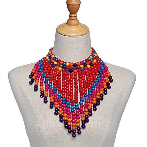 COLORFUL BLING Boho African Wooden Beaded Bib Statement Choker Necklace Long Multi Strand Chunky Layered Collar Tassel Necklace for Women Handmade Jewelry - color: red mix