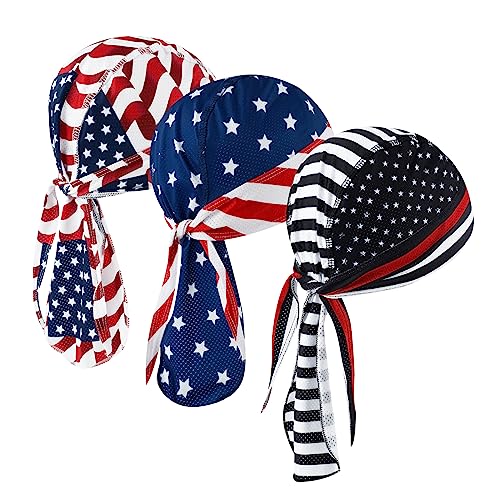 DOCILA 3 Pcs Do Rags for Men Skull Cap Bandana Hat Breathable Helmet Linner Beanie - color: Flag Style2