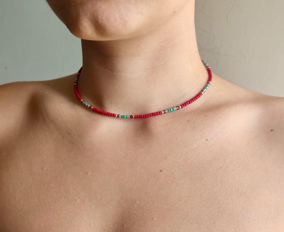 Beaded Choker Necklace for women and Teen Girls, Boho Bohemian Adjustable Colorful Seed Beads Necklace, Handmade Native American Style Jewelry by TRIBES - color: Burgundy Multicolor, style: Single Necklace