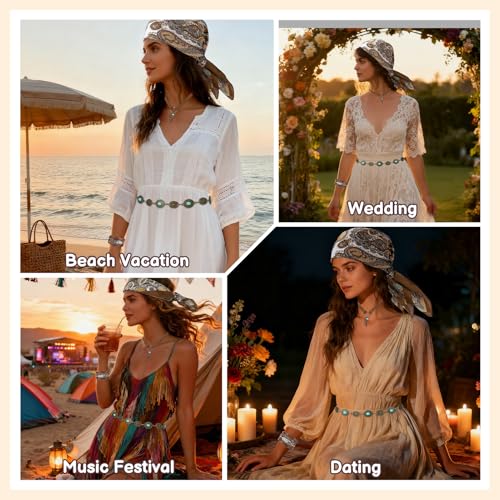 JATEBI 4 Pcs Western Cowgirl Jewelry Set for Women, Boho Turquoise Accessories with Head Scarf, Concho Belt, Necklace, Bracelet for Country Concert