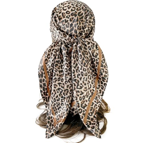 Women's Silky Satin Large Head Scarf Leopard/Paisley Neck Scarves Square Hair Wrapping Sleeping Bandana 35in - color: Coffee-leopard-s