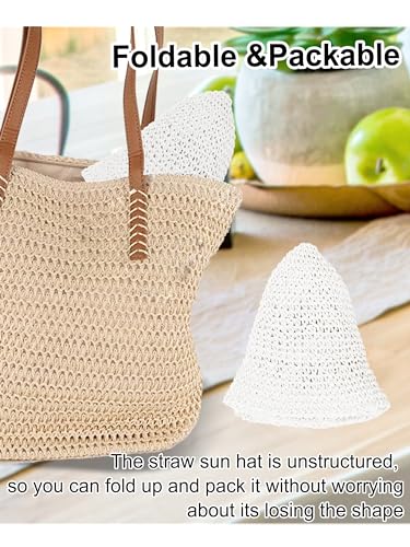 Rulala Fancy Womens Sun Hat Handmade Straw Bucket UV Protection Wide Brim Packable Travel Summer Cap for Beach UPF 50+ - color: White