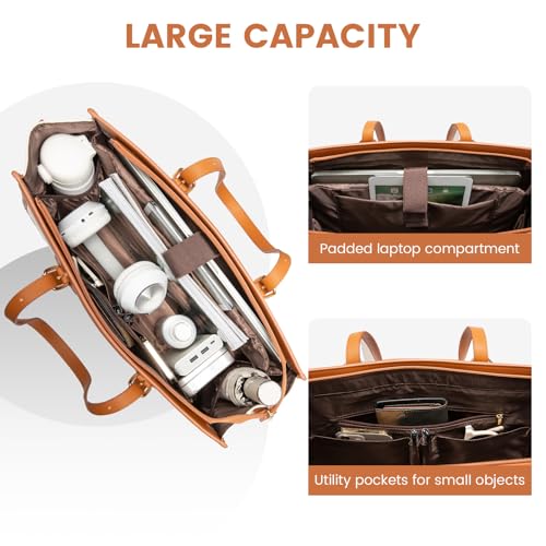 LOVEVOOK Laptop Bag for Women 15.6 inch Canvas Laptop Tote Bag, Large Capacity Work Bag with Clutch Purse, Computer Bag Office Business Briefcase, Casual Handbag for Travel College Teacher School - color: Brown & White, size: 15.6 inch