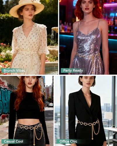 AWAYTR Cute Chain Belts for Women - Metal Waist Chain Belt for Dresses Jeans Country Concert Outfit - color: Gold-heart