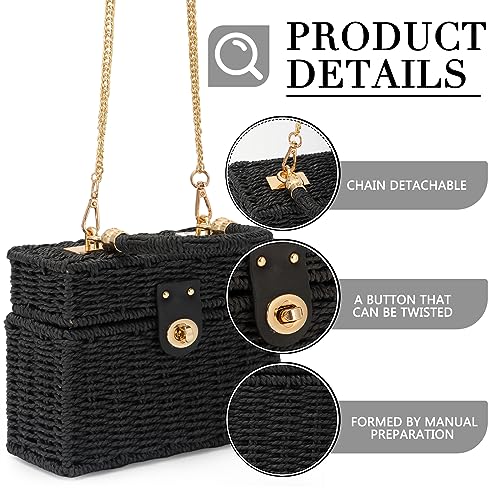 Fecialy Women Handwoven Rattan Handbag Beach Straw Tote Bag Square Boho Crossbody Bag - color: Black