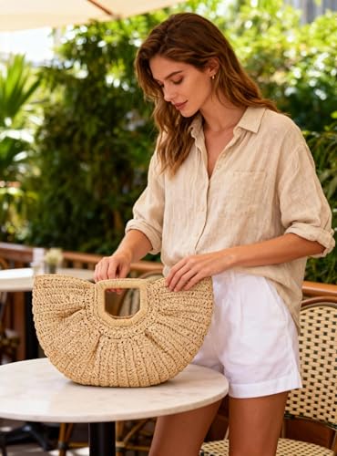 Rattan Handbag, Semi-Circular Woven Beach Bag for Women - Handmade, Perfect for Vacation Travel & Daily Use (Khaki)