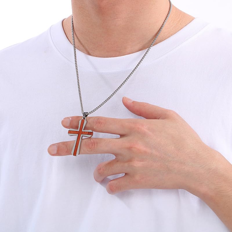 Cross Necklace for Men Vintage Wooden Cross Necklaces Wood Crucifix Pendant Christian Jewelry Gift for Men - color: Big ST Chain