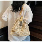 OANEXX Summer Straw Hobo Bags for Women Boho Woven Mesh Beach Tote Bag Large Capacity Crochet Vacation Shoulder Handbag - color: Beige