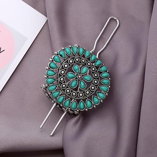 1 Pack Turquoise Flower Hair Clip Metal Hair Sticks Hair Barrettes Blue Stone Hairpin for Women Accessories - color: Green