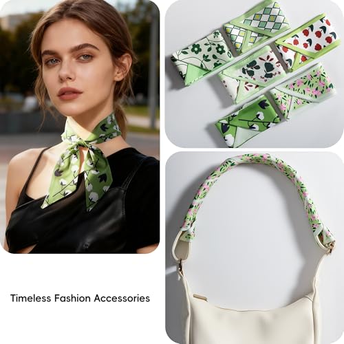 ZXZH 6 Pack Fashion Scarves for Women, Versatile Boho Head Scarf, Satin Scarf for Hair, Neck, Wrist, and Purse Accessories - color: Fresh Green Botanical