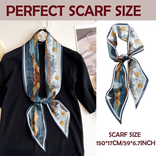 Hair Head Scarf Silk Feeling Long Satin Neck Satin Scarves for Handbag Cute Aesthetic Decoration Women Girls 59 * 6.7” - color: Y14-mountains