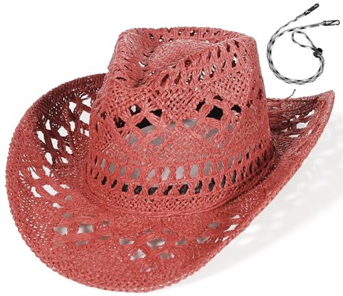 Men & Women's Summer Cowboy Cowgirl Straw Hat Hollow Out Woven Roll Up Wide Brim Sun Hat with Chin Strap - color: Red
