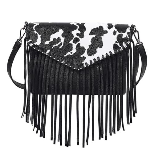 HDE Women's PU Leather Hobo Fringe Crossbody Tassel Purse Vintage Small Flap Envelope Handbag Western Sling Shoulder Bag - color: Black Cow Print