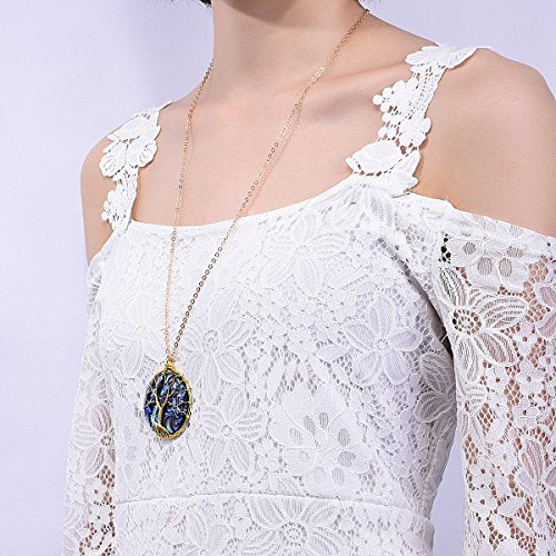 FOCALOOK Stainless Steel Wire Wrapped Tree of Life Abalone Necklaces Handmade Costume Jewelry Long Necklaces for Women (Send Gift Box) - style: 04.Round Shaped-Gold