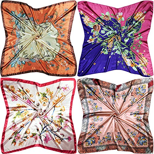 4 Pc Set Large 35 x 35 inches Satin Square Scarves Neck Hair Head Scarf Bundle - color: Set C
