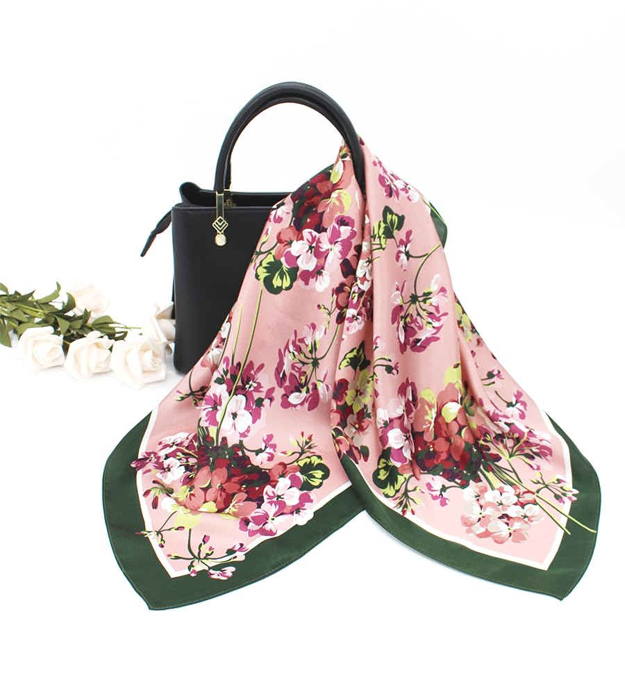 ANDANTINO 100% Mulberry Silk Square Scarf for Hair-25.6" X25.6'' Women Men Natural Silk Neckerchief Digital Printed Headscarf - color: Flowers-pink&green