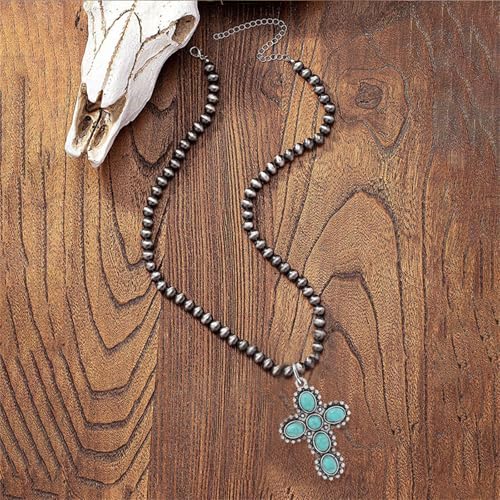 coadipress Navajo Pearl Necklace Western Jewelry for Women Boho Beaded Choker Necklaces Vintage Turquoise Pendant Cowgirl Necklace - style: Cross