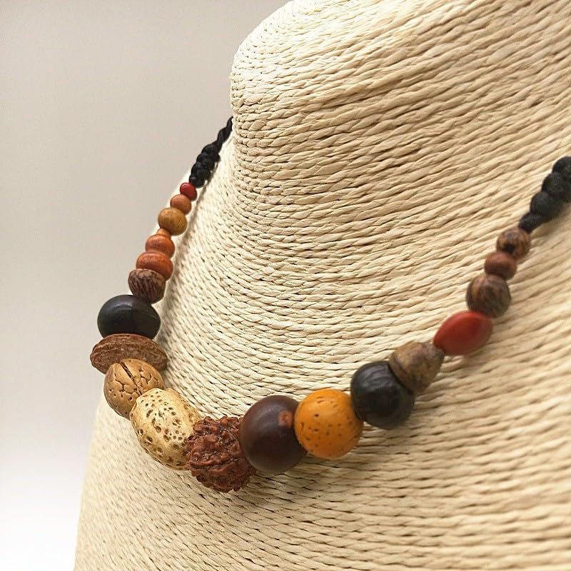 COLORFUL BLING Natural Chunky Wooden Beads Statement Necklace Boho African Tribal Collar Choker Bib Necklace Hippie Vacation Jewelry for Unisex Men Women - color: Bodhi seed