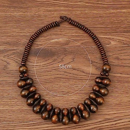 COLORFUL BLING Natural Chunky Wooden Beads Statement Necklace Boho African Tribal Collar Choker Bib Necklace Hippie Vacation Jewelry for Unisex Men Women - color: double dark