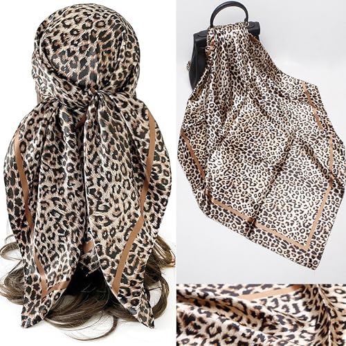 IZUS Women Fashion Leopard-Head-Scarf 35 inch-Large-Square Hair-Scarves Silk-Satin-Like Neck-Bandana Sleeping-Head-Wraps - color: Leopard-light Khaki