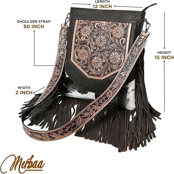 Merbaa Berlin hand-carved Fringed Shoulder Bag Natural Cowhide Hand Bag with Floral Hand Tooling - color: Brown
