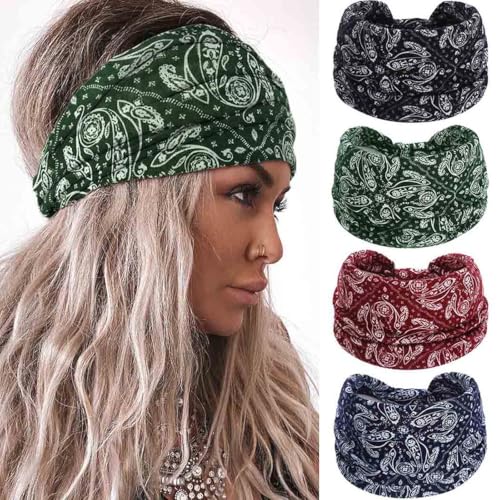 Acenail Wide Headbands Women Boho Turban Knotted Headband Floral Elastic Non Slip Hairband Workout Yoga Head Scarfs Bohemian Headwraps Fashion Hair Accessories for Women and Girls 4Pcs (Boho) - color: Boho