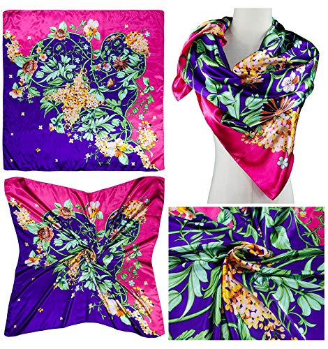 4 Pc Set Large 35 x 35 inches Satin Square Scarves Neck Hair Head Scarf Bundle - color: Set C