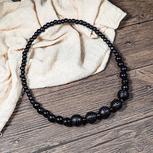 COLORFUL BLING Natural Chunky Wooden Beads Statement Necklace Boho African Tribal Collar Choker Bib Necklace Hippie Vacation Jewelry for Unisex Men Women - color: grooved black