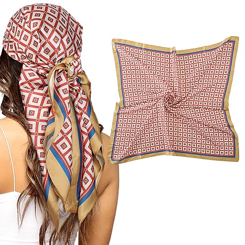 AWAYTR 35” Silk Scarf for Women Large Head Scarf Square Hair Scarf Satin Hair Bandana Printed Silk Sleeping Head Wrap - color: Checkered(brown)