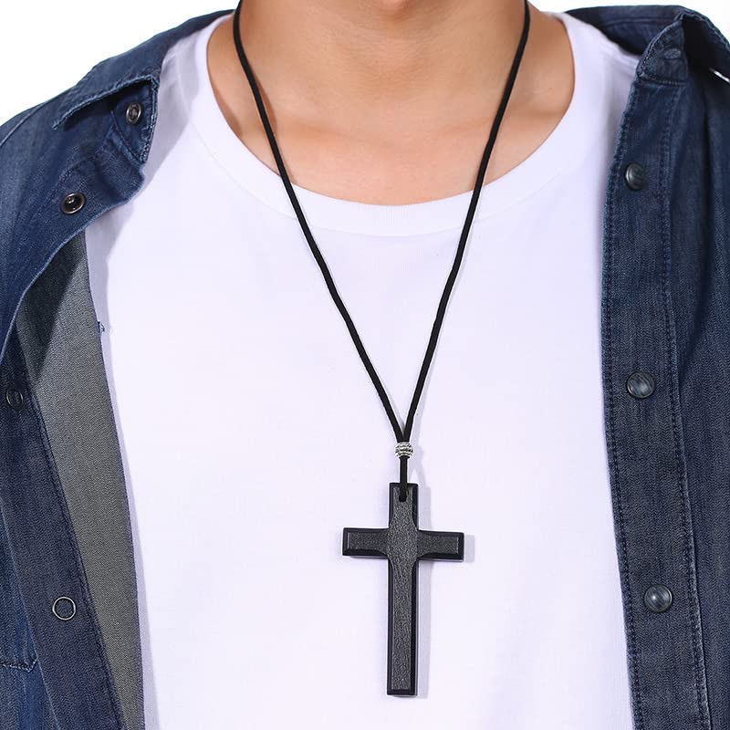 Cross Necklace for Men Vintage Wooden Cross Necklaces Wood Crucifix Pendant Christian Jewelry Gift for Men - color: Big Black