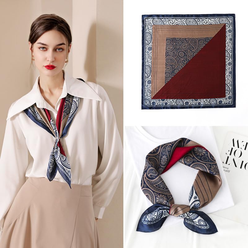 ANDANTINO 100% Mulberry Silk Square Scarf for Hair-25.6" X25.6'' Women Men Natural Silk Neckerchief Digital Printed Headscarf - color: Burgundy&navy