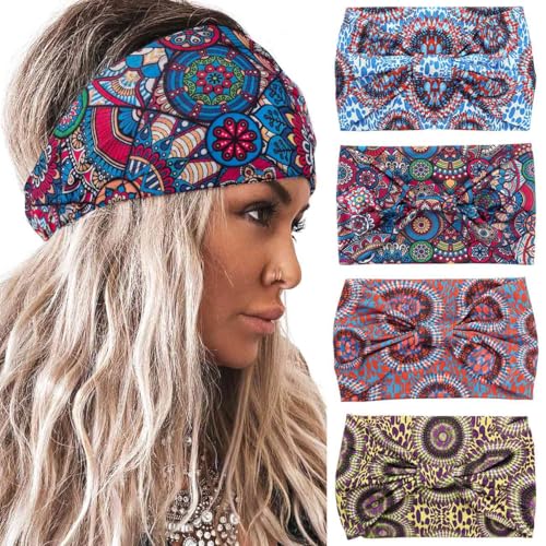 Acenail Boho Wide Headbands Knotted Hairbands Non Slip Printed Head Wraps Turban Workout Head Bands Elastic Yoga Hair Scarfs Bohemian Fashion Hair Accessories for Women 4Pcs (Fashion) - color: Fashion