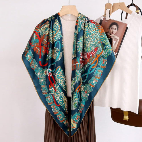 100% Pure Mulberry Silk Scarf 43”*43” Large Square Lightweight Headscarf Women’s Hair Wraps Shawls with Gift Packed - color: Blue-green-orange