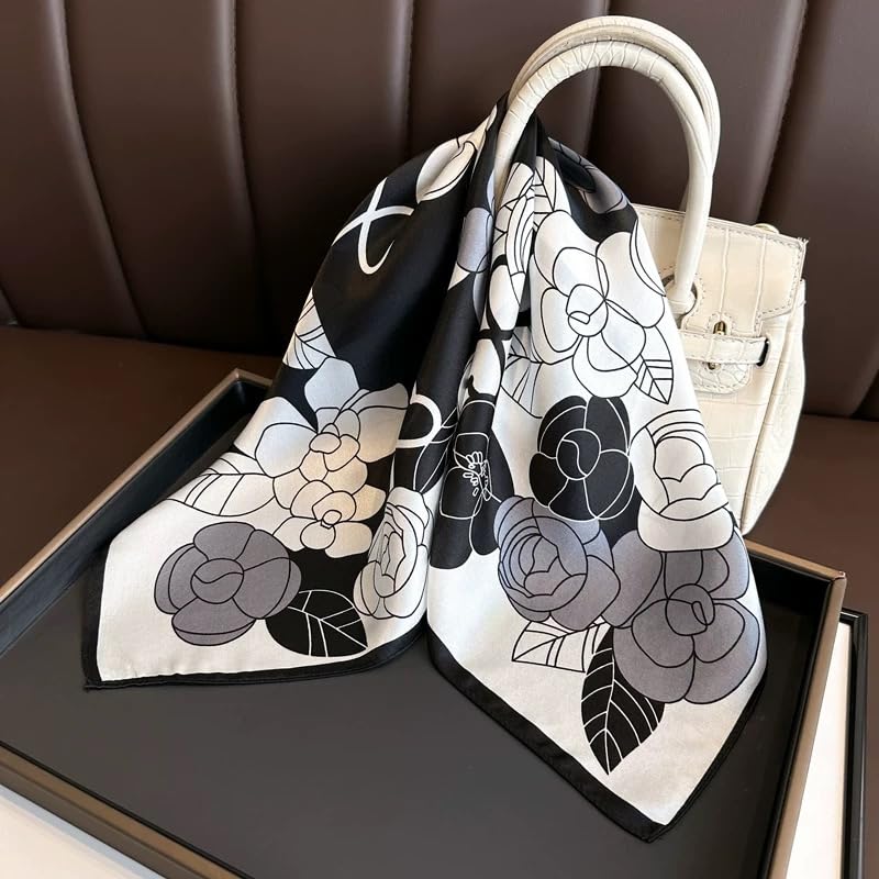 ANDANTINO 100% Mulberry Silk Square Scarf for Hair-25.6" X25.6'' Women Men Natural Silk Neckerchief Digital Printed Headscarf - color: Black&white Camellia