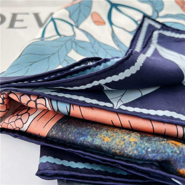 100% Pure Mulberry Silk Scarf 43”*43” Large Square Lightweight Headscarf Women’s Hair Wraps Shawls with Gift Packed - color: Fresh Dark Blue Flowers